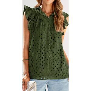 PrettyGarden Green Eyelet Ruffle Sleeve Top L Cotton Boho Summer Blouse
